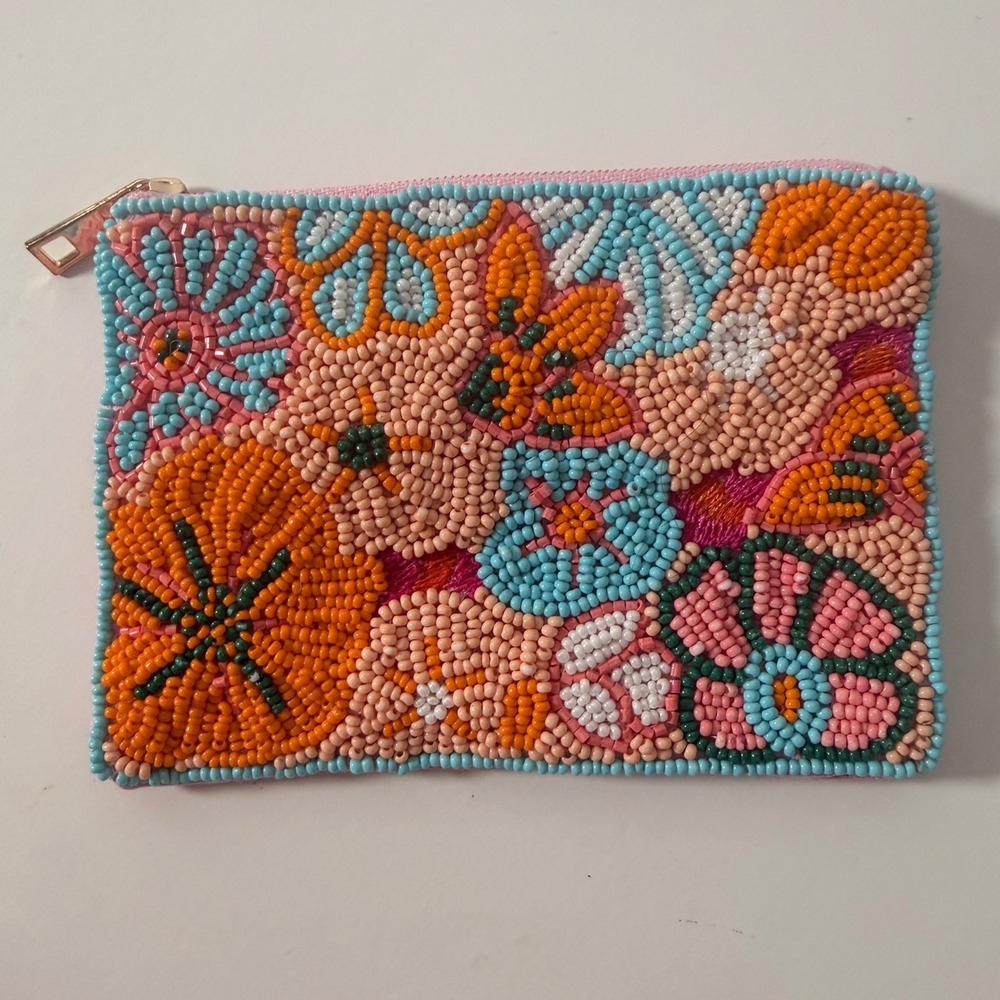 Handmade Floral Beaded Coin Purse Pink Canvas Zipper Pouch Boho Mini Wallet 5x4